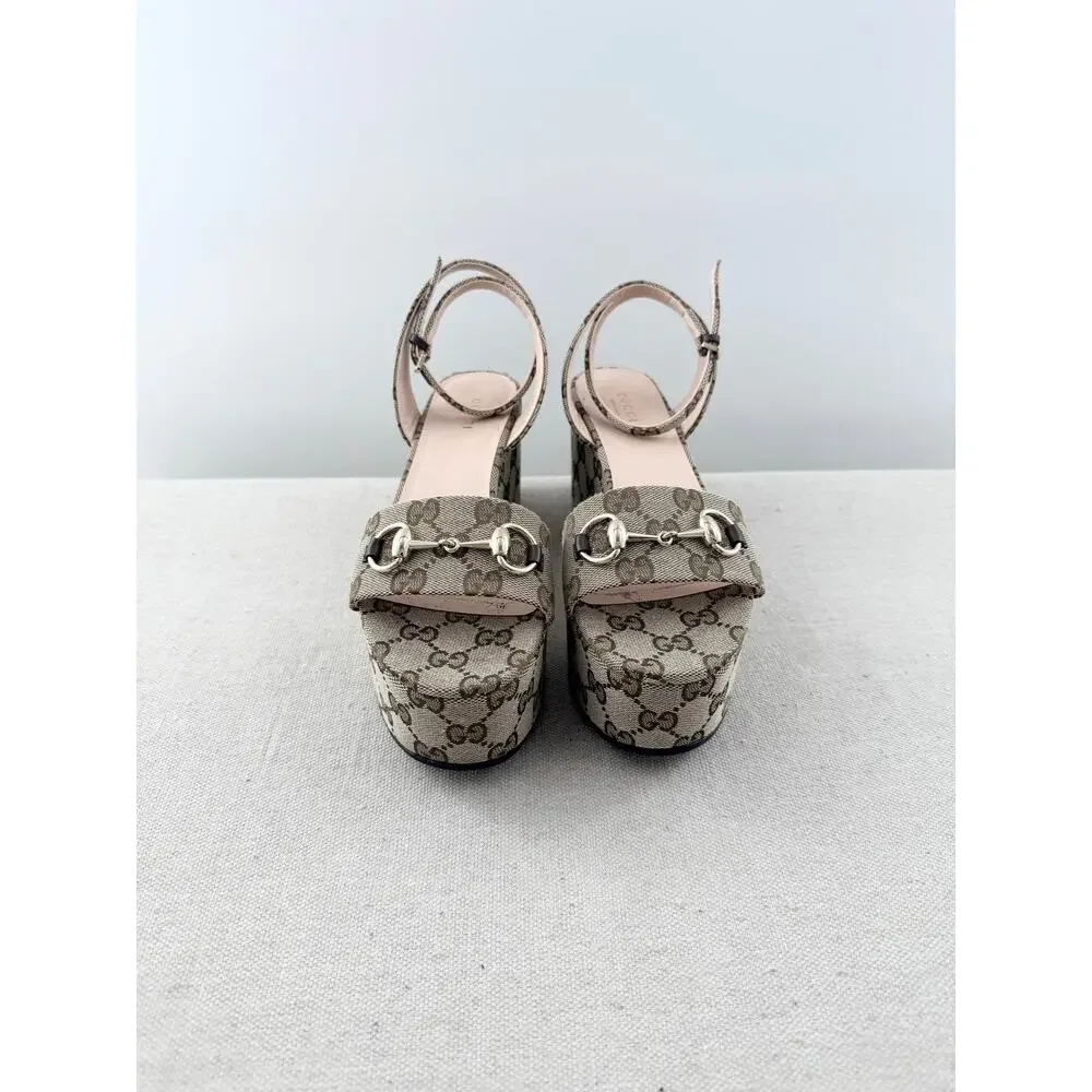 Gucci Monogram Nappa Chalotte Horsebit Ankle Strap Platform Sandals Beige 37.5